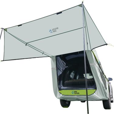 Imagem de JOYTUTUS Tenda de porta traseira SUV com toldo de três lados e postes, barraca de acampamento SUV resistente à água com capa de teto de carro, anexa-se ao caminhão de carro, ajuste universal na