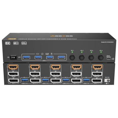 Imagem de HDMI Displayport KVM Switch 3 monitores 4 PC 8K @60Hz/4K @144Hz KVM Switches com porta USB 3.0, controle remoto com fio, adaptador de energia e cabos USB 3.0 incluídos