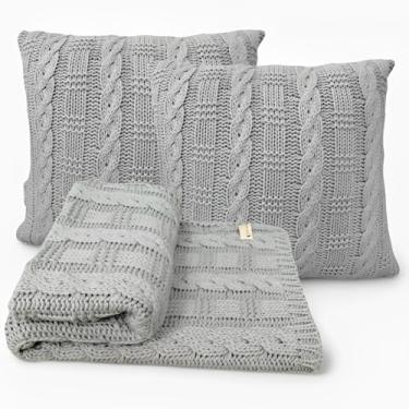 Imagem de Kit Manta Tricot Luxo 150x90cm + 2 Almofadas com Enchimento | Zíper Invisível | Fibra Siliconada | Sofá Sala | Xale Decorativo Elegante d05 (Cinza Grafite)