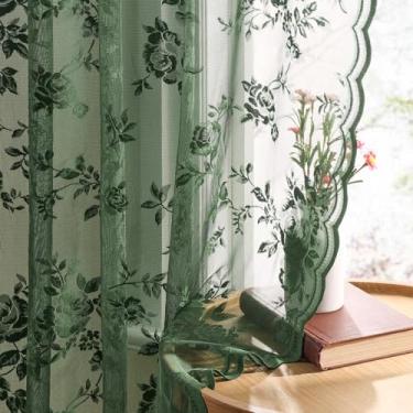 Imagem de Cortinas de renda verde-escuro 153 cm de comprimento, conjunto de 2 painéis, cortinas transparentes florais para sala de estar, quarto, cortina de flores vitorianas, bolso para varão, filtragem de luz