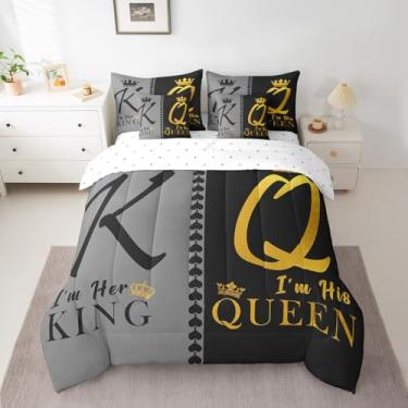 Imagem de Conjunto de edredom King e Queen, 7 peças, coroa dourada preta para decoração de quarto de casal e namorado, cinza e preto em uma bolsa com edredom, lençol de cima, lençol de cima e fronhas