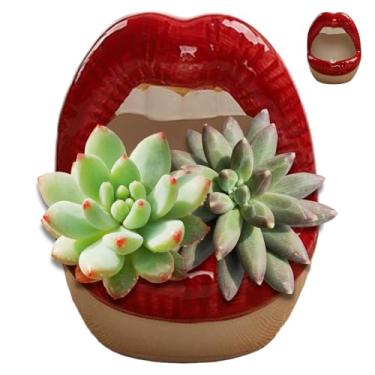 Imagem de Cinzeiro de cerâmica de 9 x 13 cm com design de lábios, bandeja de cinzas ranhurada fofa para fumantes, acessório decorativo de panela suculenta para casa, escritório, jardim, presentes