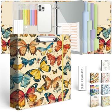 Imagem de Fichário de 3 anéis de 5 cm para papel de 21,6 cm x 28 cm, três fichários com prancheta, 5 divisórias com abas e bolsos, fichário decorativo com suporte de caneta, borboleta