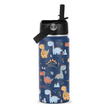 Imagem de ROVOZAR Garrafa de água de dinossauro – Garrafa de água de aço inoxidável de 473 ml com canudo – Copo com isolamento térmico de dinossauros fofos para meninos – Copo infantil de dinossauros para