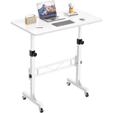 Imagem de Mesa de pé, mesa pequena portátil de 81 cm, altura ajustável, mesas de escritório em casa com rodas, mesa de apoio para quarto, tapete de caminhada, escritório em casa, espaço pequeno, branco