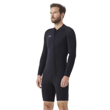 Imagem de Hevto Roupa de mergulho masculina Shorty de neoprene de 2 mm com zíper frontal em água fria para surfe, natação, remo e mergulho (M2LS-preto, GG)