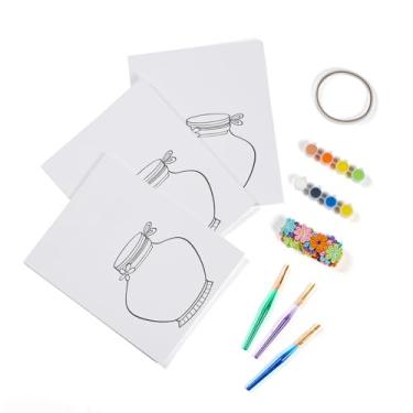 Imagem de Kit de arte em tela DIY com padrões pré-impressos – 3 quadros de tela pintáveis de 20 x 25 cm para pintura, 40 flores de borla, 8 tintas acrílicas, 3 pincéis e fita dupla face