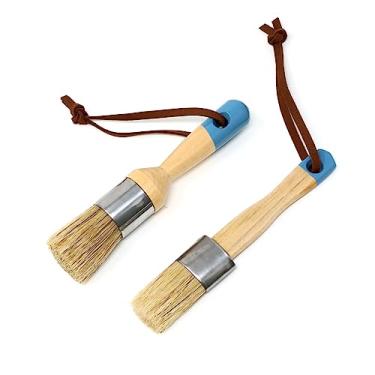 Imagem de Honbay Conjunto de 2 pincéis de tinta de giz e cera para móveis de madeira, ferramentas de pintura e enceramento DIY, pincéis de estêncil, incluindo pincéis planos e redondos com giz
