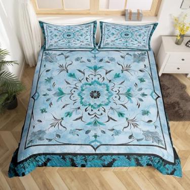 Imagem de Conjunto de capa de edredom retrô de tamanho casal, arte floral rústica, estampa paisley, reversível, com 2 fronhas, azul, cinza, preto, xadrez, respirável, conjunto de cama (não edredom)
