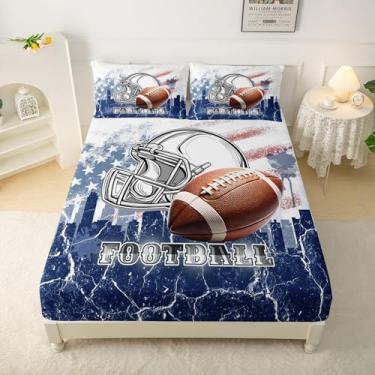Imagem de QOOMO Jogo de lençol solteiro de futebol americano, estampa de jogo de bola de rugby, 4 peças, com bolso alto, 1 lençol com elástico, 1 lençol de cima e 2 fronhas para meninos e meninas adolescentes