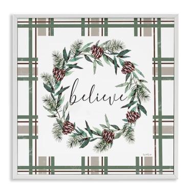 Imagem de Stupell Industries Believe Wreath on Green Plaid White Framed Giclee Art Design por Elizabeth Tyndall, 17 x 17