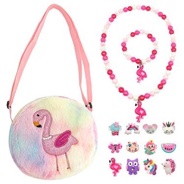 Imagem de Elesa Miracle Bolsa de pelúcia para meninas, colar, brincar, brincar, joias, bolsa transversal para crianças, bebês, meninas, flamingo