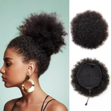 Imagem de Boymia Rabo de cavalo afro puff para mulheres negras #1B preto natural 2 peças cabelo humano 15 cm retrô crespo cacheado peruca clipe em coque peruca naturalmente enrolada para apelo jovem e charmoso
