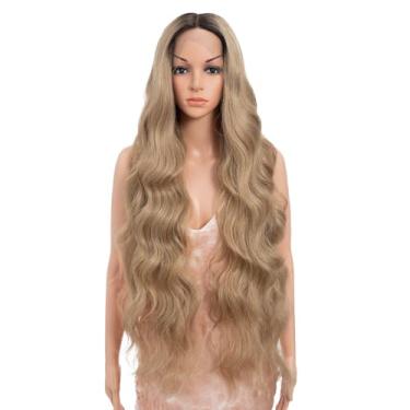 Imagem de Style Icon Peruca frontal de renda de 91,4 cm, superlonga, parte média, solta, ondulada, com cabelo de bebê, densidade de 130%, peruca sintética ombré loira RT6/23C cor