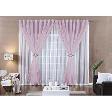 Imagem de Cortina para janela 2,00m x 1,70m rosa com branco tecido voal varão e 