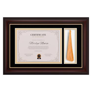 Imagem de TngHui Moldura de madeira para diploma de 11 x 17 cm com suporte de borla para 21 x 28 cm moldura de grau de certificado para montagem na parede/na mesa, tapete duplo preto com acabamento dourado