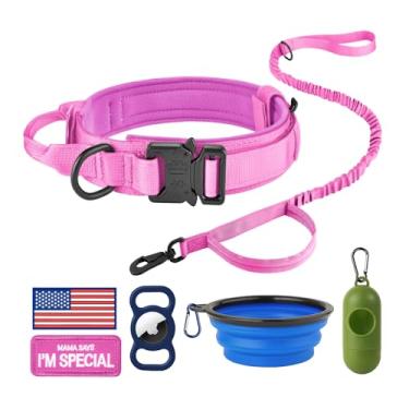Imagem de HYDEME Coleira tática de nylon ajustável com alça de controle e fivela de metal pesado para cães médios e grandes, com patches, airtags, estojo e dispensador de saco de cocô e tigela portátil. (M