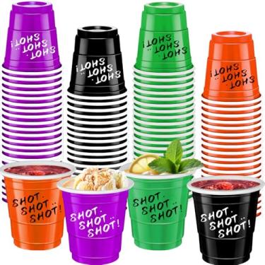 Imagem de 120 peças de copos de dose de Halloween de 59 ml, copos de plástico de Halloween, copos de shot de cores variadas, para festa, casamento, aniversário, reuniões de família e celebrações festivas