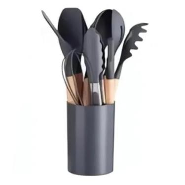 Imagem de Jogo de Utensílios de Cozinha Silicone com Cabo de Madeira 12 Peças Completo Resistente ao Calor para Panelas Antiaderentes