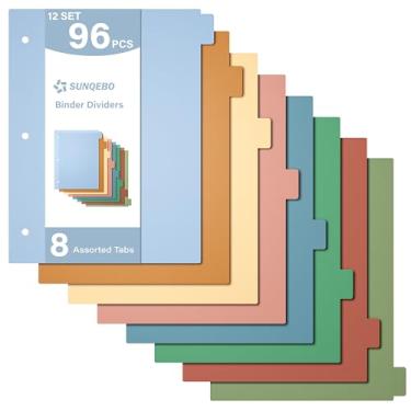 Imagem de SUNQEBO Divisórias para fichário de 3 anéis, divisores de plástico com 3 furos, letra perfurada, tamanho 8 separadores, 12 conjuntos, 96 peças, multicoloridas, para material de escritório escolar
