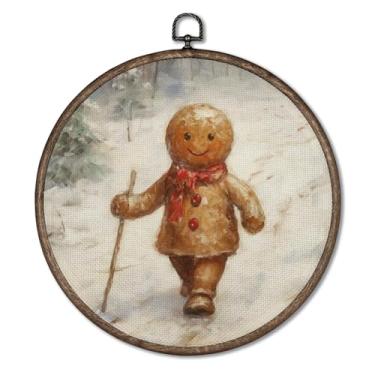 Imagem de Giosve Pôster emoldurado em tela redonda de pão de gengibre de Natal de inverno, aconchegante, retrô, Natal, pão de gengibre, floresta, esculturas de parede para decoração de casa, quarto, sala de