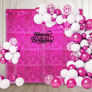 Imagem de 36 peças de fundo de parede brilhante fúcsia, painel de fundo de foto de lantejoulas quadradas, fundo de parede com glitter para aniversários, casamentos, Halloween, noivados, decoração de festa de