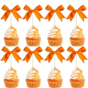Imagem de Gyufise 24Pcs Bow Cupcake Toppers Coquette Bow Girls Birthday Cake Decorations Bowknot Cake Toppers Bowknot Cupcake Picks for Baby Shower Birthday Wedding Bridal Engagement Party Supplies Orange