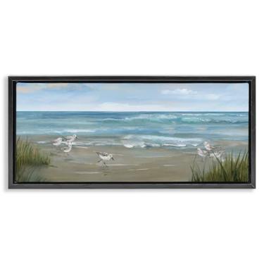 Imagem de Stupell Industries Arte de parede em tela flutuante com moldura preta Sandpiper View on Beach, design por Nan, 14 x 31