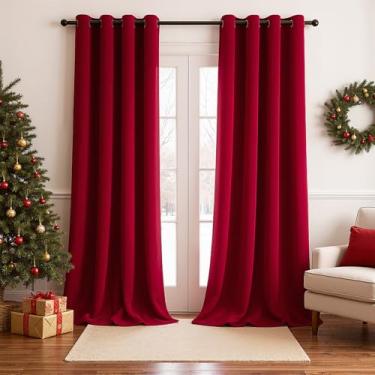 Imagem de Topfinel Cortinas blackout de veludo vermelho de Natal de 272 cm de comprimento para sala de estar, janela grande de inverno, bloqueio de frio, cancelamento de ruído, cortinas com ilhós, comprimento