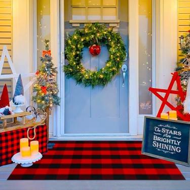 Imagem de Ckorzen Tapete xadrez vermelho e preto, tapete de decoração de porta frontal de Natal Halloween ao ar livre 91 x 122 cm, tapete lavável tecido à mão de algodão para tapetes de porta em camadas tapete para varanda, entrada