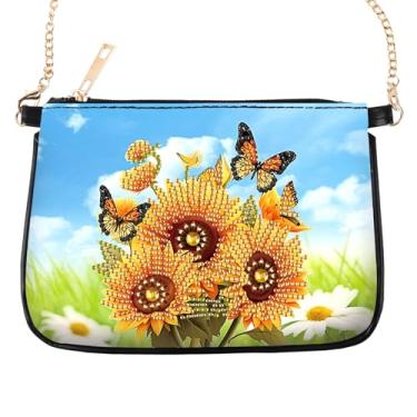 Imagem de antor Bolsa tiracolo de corrente de pintura de diamante DIY, estampa de girassol e borboleta, feita à mão, couro PU, strass e arte de diamante, kit de pintura de diamante elegante DIY para mulheres