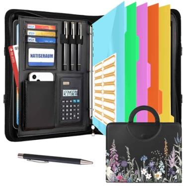 Imagem de NATISERAUM Organizador de portfólio – fichário de 3 anéis com alça, pasta de couro vegano com bloco de notas, inclui 5 divisórias com 10 bolsos para arquivos de documentos