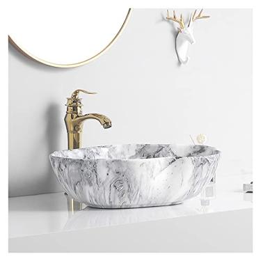 Imagem de Pias de banheiro Cerâmica Vaso de Banheiro Tigela de Pia Textura de Mármore Arte Oval Acima do Balcão Lavatório com Torneira Dourada e Pia de Vaso de Drenagem (Cor: L)