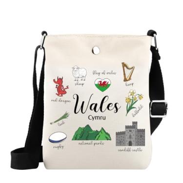 Imagem de WSNANG Wales Landmarks Bolsa tiracolo de viagem Reino Unido presente de viagem bandeira galesa presente de férias do País de Gales ideia de presentes (Wales MB)