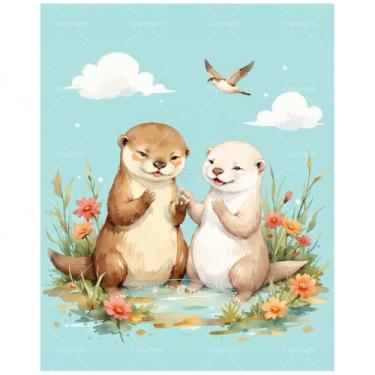 Imagem de TAOPAOLAB Kit de pintura de duas lontras fofas por números para adultos - Par de lontras DIY de mãos dadas e pintura de pássaros em tela 40,6 x 50,8 cm, conjunto de tinta acrílica, adequado para