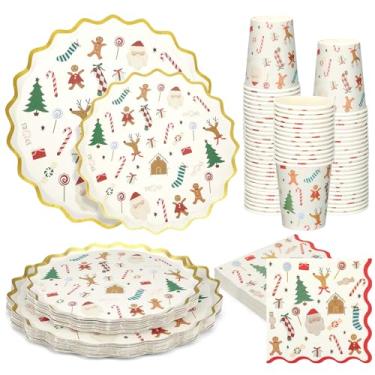 Imagem de Patelai Conjunto de jantar descartável para festa de Natal com 100 peças — Jantar recortado com borda dourada de 26,7 cm e pratos de sobremesa de 21,6 cm, copos de 255 g, guardanapos ondulados Papai