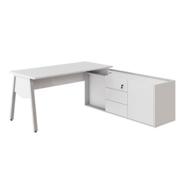 Imagem de Mesa L Diretor 180cm com Armário Lateral Tampo Chanfrado Industrial Executive Cinza