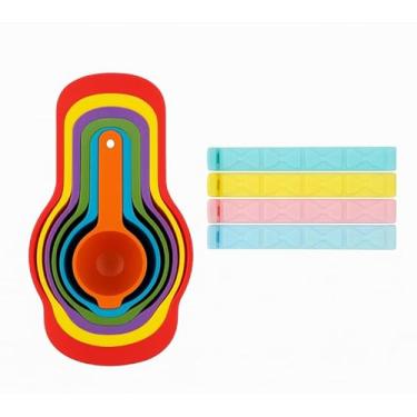 Imagem de Kit medidores ePlástico 6 Peças 7.5ml A 250ml colher medidora E Lacre Para Embalagem 4 Peças 16cm Colorido Resistente Reutilizável Prático Funcional Ideal Para Cozinha Medir Ingredientes