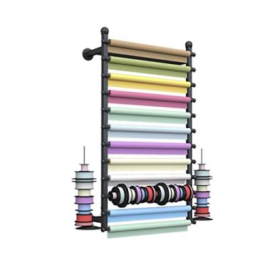 Imagem de Prateleira para armazenamento de papel de presente para parede, suporte de exibição de fita de grande capacidade de metal para florista / sala de artesanato, dispensador de fita de embalagem