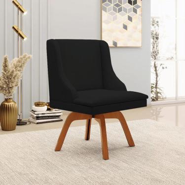 Imagem de Cadeira Decorativa Sala de Jantar Base Giratória de Madeira Firenze Linho Preto/Natural G19 - Gran Belo