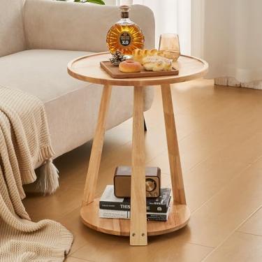 Imagem de Mesa lateral redonda de madeira maciça - Mesa de canto redonda pequena de 58,4 cm A, 2 camadas, mesa de cabeceira moderna de madeira, sala de estar com prateleira para sofá, poltrona, quarto, natural