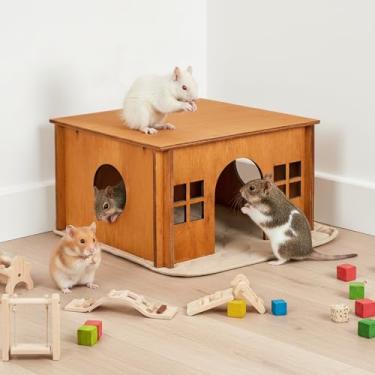 Imagem de Esconderijo e esconderijo de porquinho-da-índia marrom, casa de porquinho da índia de madeira com almofada, linda casa de chinchila com janelas, grande esconderijo para hamsters pequenos coelhinhos
