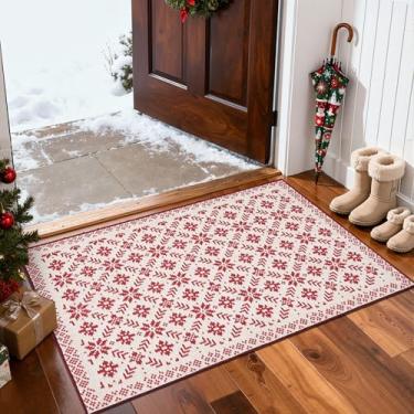Imagem de jinchan Tapete de Natal com aparência de malha 5 x 7 cm para entrada, cozinha, pequeno tapete vermelho para varanda, banheiro, clássico, estampa de floco de neve, decoração de Natal, tapete lavável