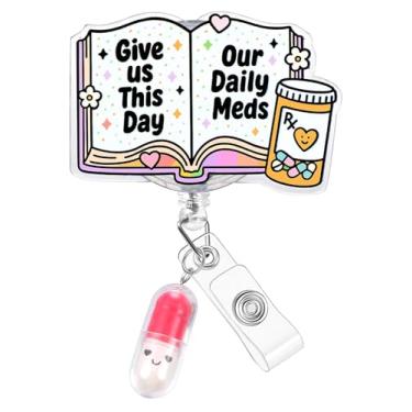 Imagem de Plifal Clipe de suporte de carretel de crachá de farmácia – Engraçado RX comprimido remédio cápsula retrátil crachá cartão de identificação carretel com pingente de jacaré, enfermeira, escritório de