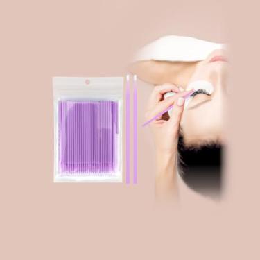Imagem de 100 pincéis aplicadores descartáveis para extensão de cílios, microcotonetes roxos, varinhas de rímel de sobrancelha, escova de cílios postiços para limpar