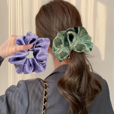 Imagem de Pacote com 2 laços de cabelo decorativos grandes com glitter, elásticos de cetim para mulheres, macios que seda para cabelo, gravatas e faixas modernas para penteados de cabelo grosso (roxo escuro