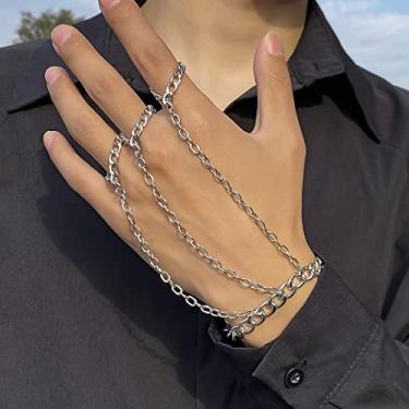 Imagem de Pulseira masculina punk gótica com corrente de mão, corrente punk, anéis de dedo joias presentes, Medium, Latão, Sem Pedra Preciosa