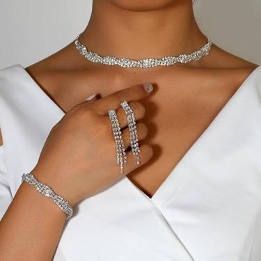 Imagem de Colar de gargantilha de strass cintilante, brincos e pulseira, conjunto de joias de nicho para mulheres, acessórios de moda para uso diário