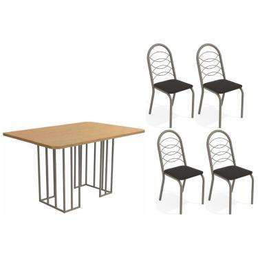 Imagem de Sala de Jantar Completa Duina c/ Tampo de Madeira 136cm e 4 Cadeiras Holanda Niquel/Freijo - Corano Preto - Kappesberg
