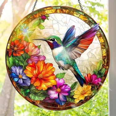 Imagem de Acrílico colorido Suncatcher, decoração de janela suspensa de pássaros com design de vitral impresso, apanhador de sol, arte de parede de arco-íris, ideia de presente e ornamento de jardim uso interno
